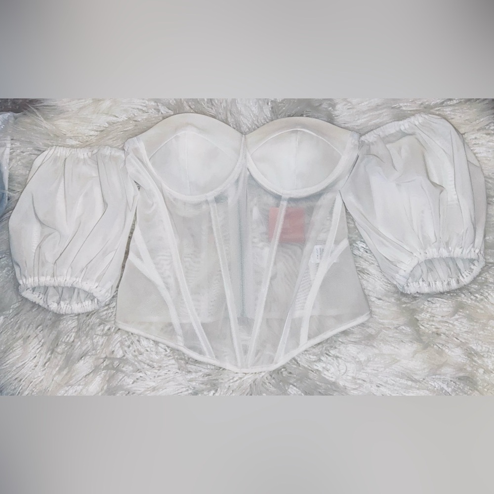 Miss Lola White Off-Shoulder Sheer Corset Top with Puff Sleeves